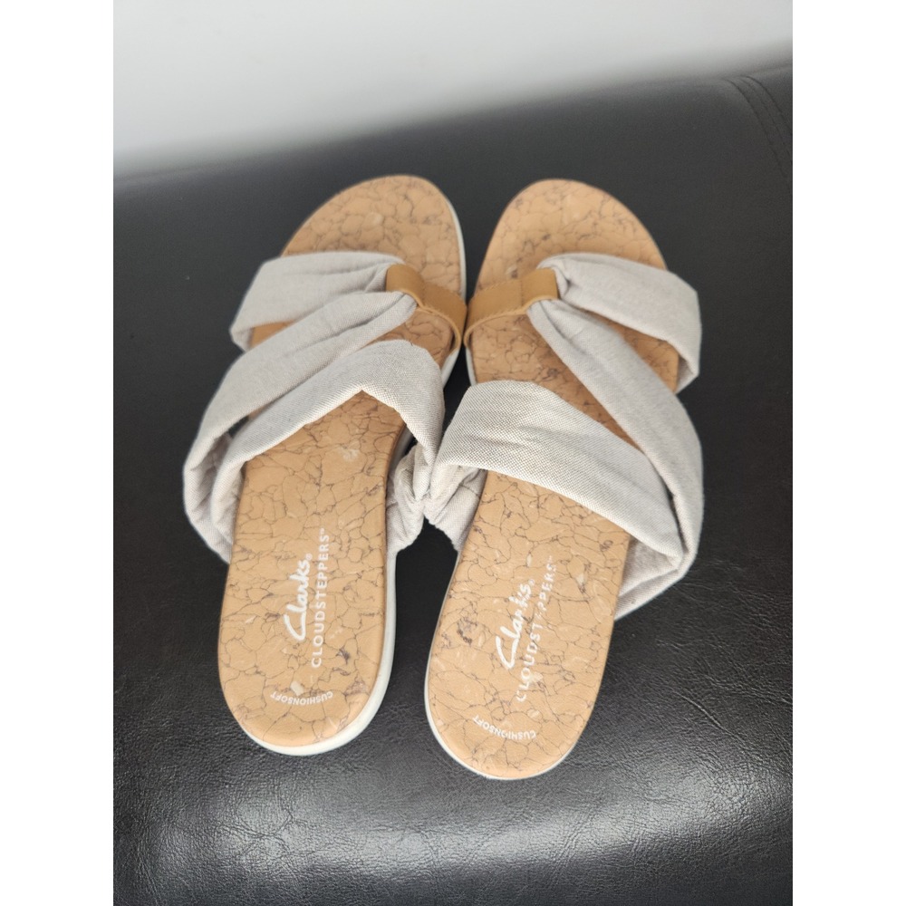 Clarks Cloudsteppers Eliza Skip Stone Beige Textile Slide Sandals Womens 8 39